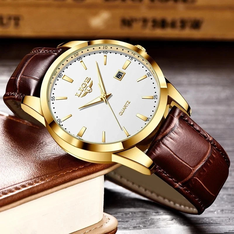 Mens LIGE Classic Luxury Wristwatch Sports Waterproof Quartz Leather Strap Watch