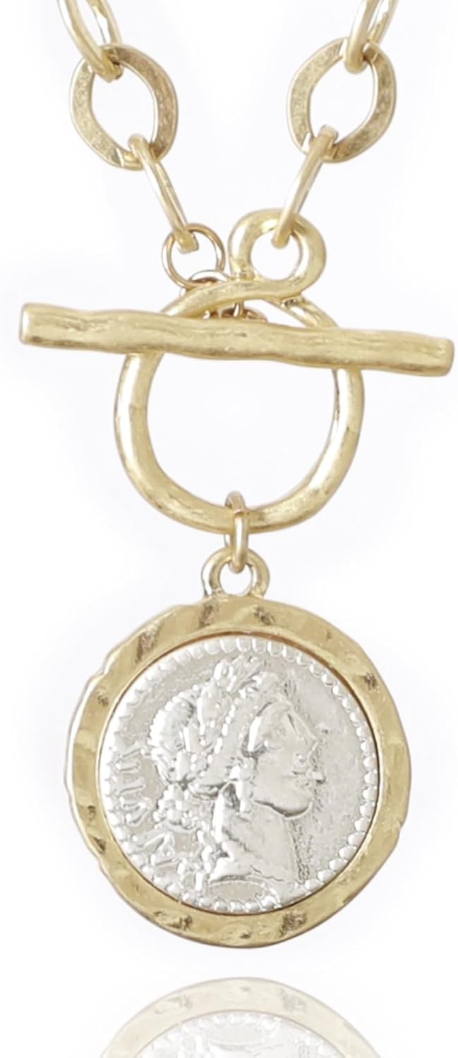 Antique Gold Plated Roman Coin Necklace for Women 18 Inch Chain Pendant Necklace