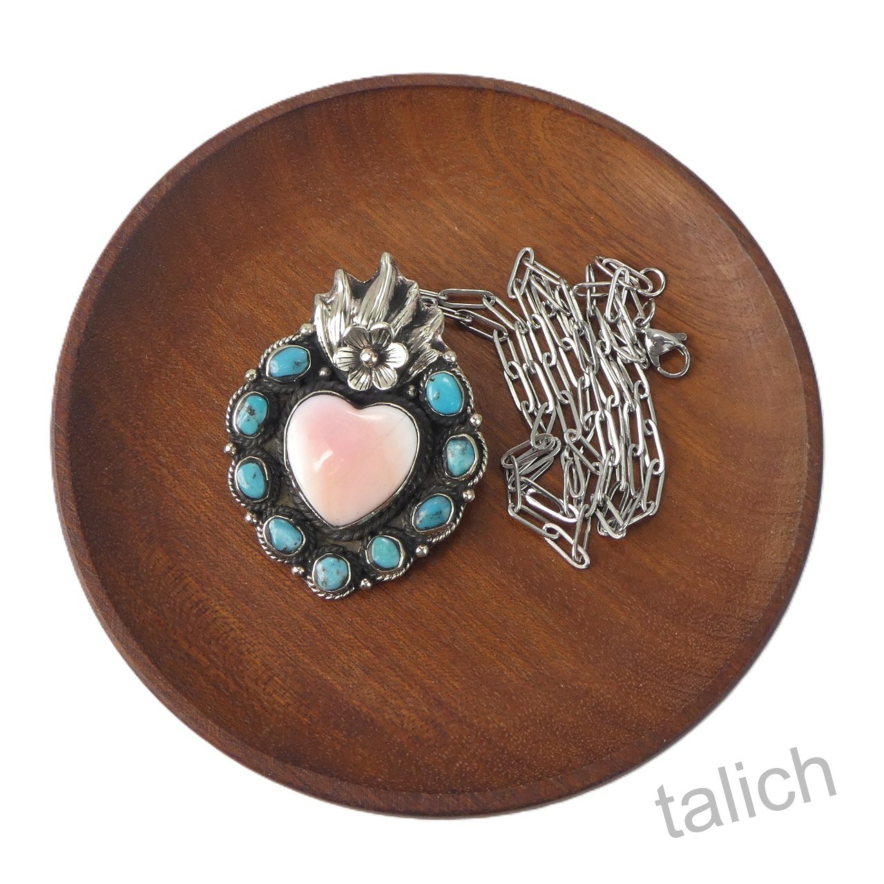 Pink Shell Heart Turquoise Cluster Tibet Silver Sacret Heart Pendant Necklace