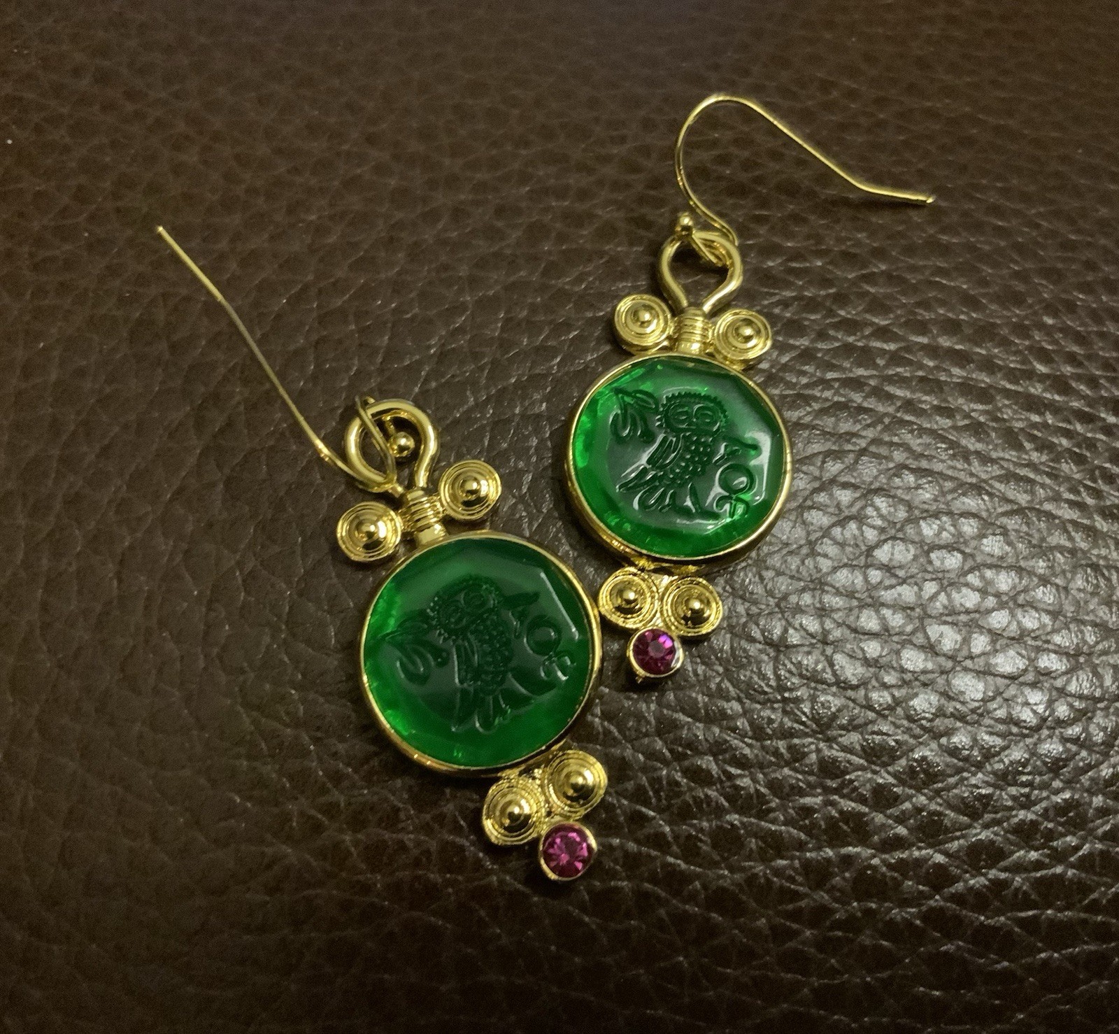 Museum Intaglio Owl Earrings Bird Gold CZ VTG Ancient Greek Antique Boho Carved