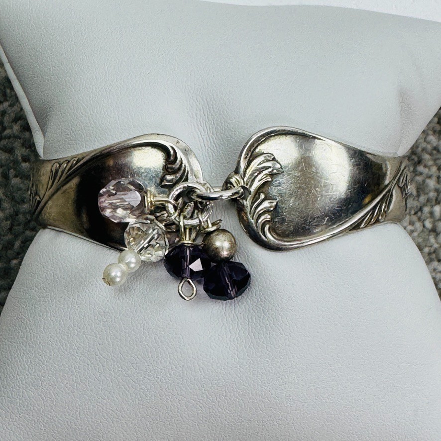 Vtg Silverware Double Handle Bangle Bracelet Silverplate Purple Clear & Pearls