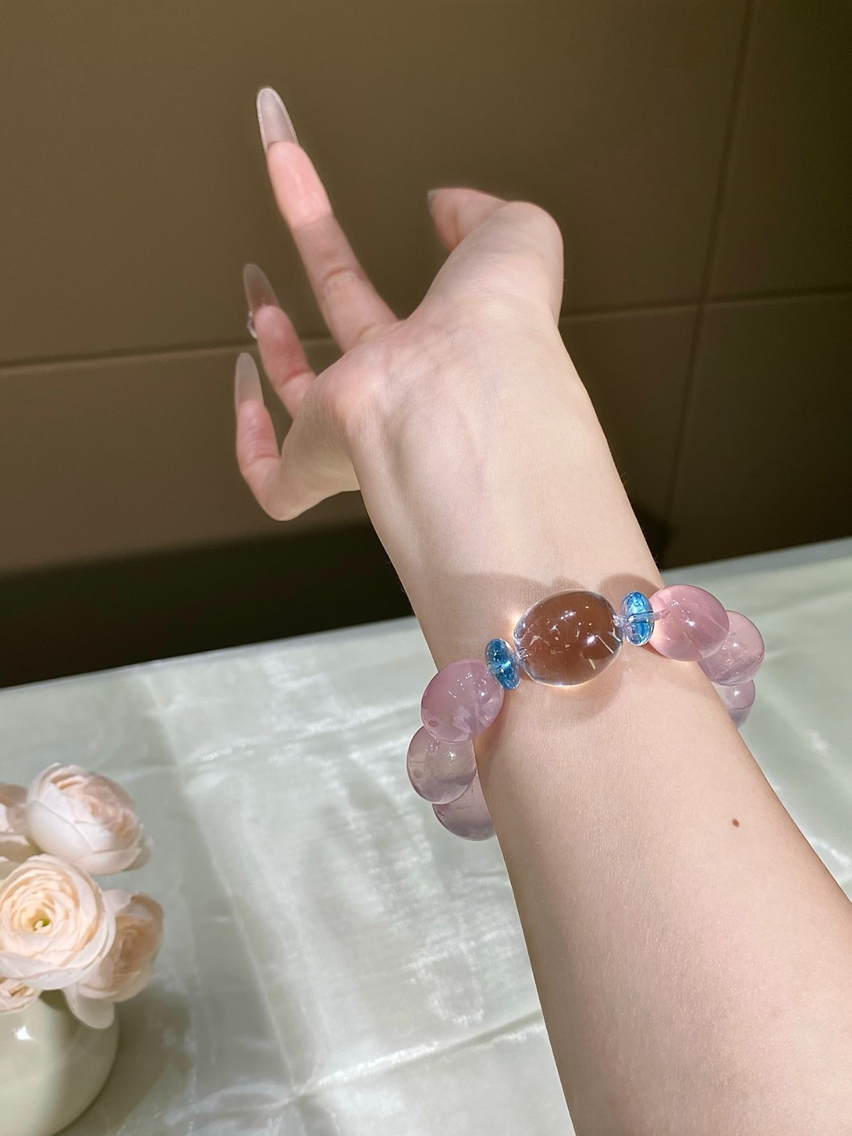 LUSA FEELA Natural Pink Crystal Topaz Beaded Stretch Bracelet Gift Box