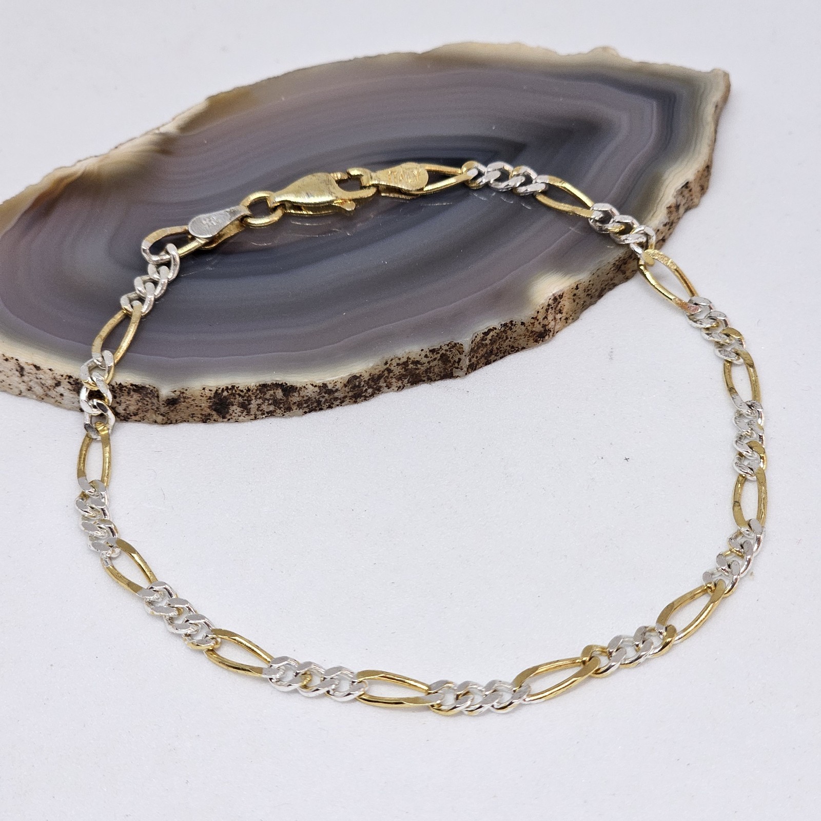 SU 925 Sterling Silver Vermeil Figaro Flat Link Chain Bracelet 7″ Long Italy