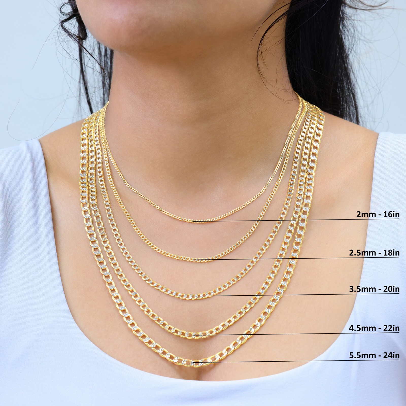 10K Yellow Gold 2mm-7.5mm Diamond Cut White Pave Cuban Chain Necklace 16″- 30″