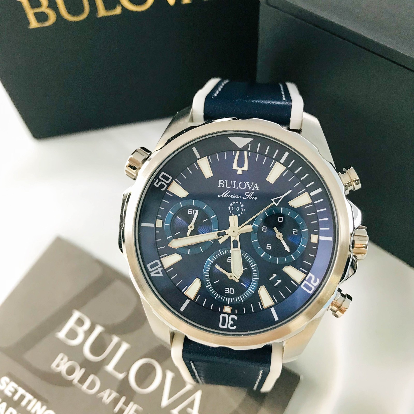 Bulova Marine Star 96B287 Blue Dial Chrono Silicone Strap Mens Quartz Watch 43mm