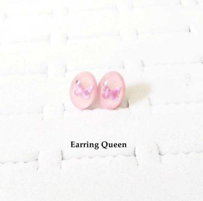 Pink Butterfly Stud Earrings Resin Stainless Steel Hypoallergenic Gift for Her