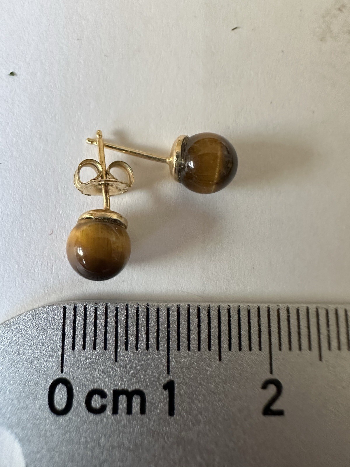 1970s Tiger’s Eye Round Bezel Studs Earrings Butterfly Gold Post Back 8mm