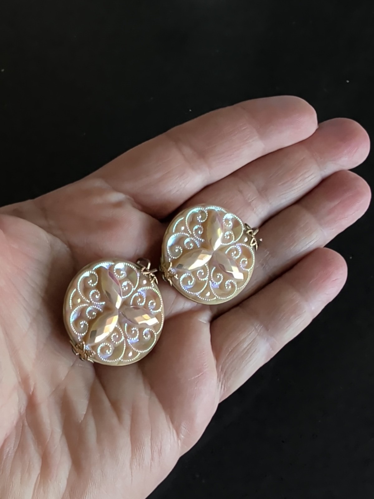 Vintage MCM Hillcraft Gold White Iridescent Lucite Clip Earrings Mid Century N90