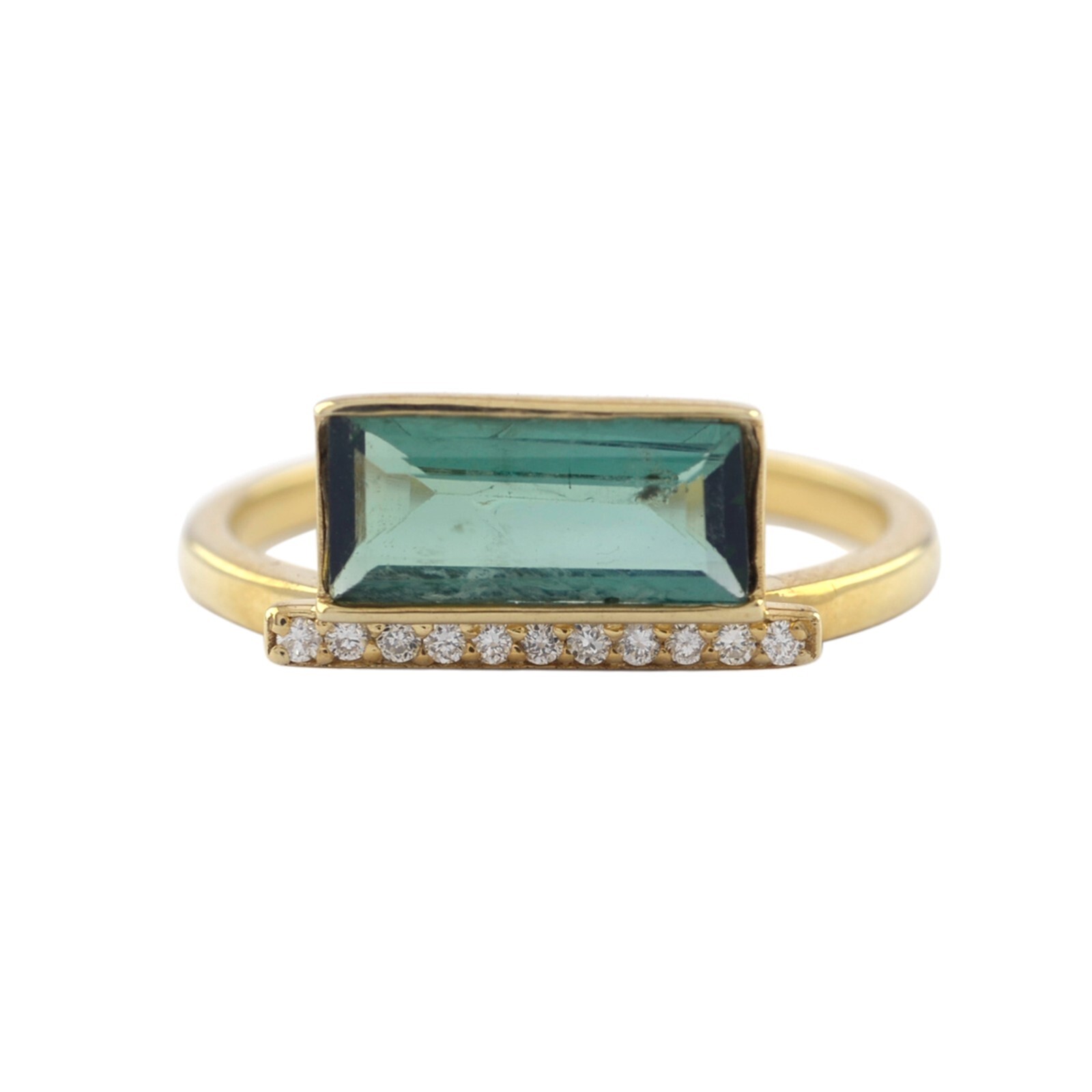 Horizontal Baguette Green Tourmaline and Pave Diamond Bar Ring In 14K Solid Gold