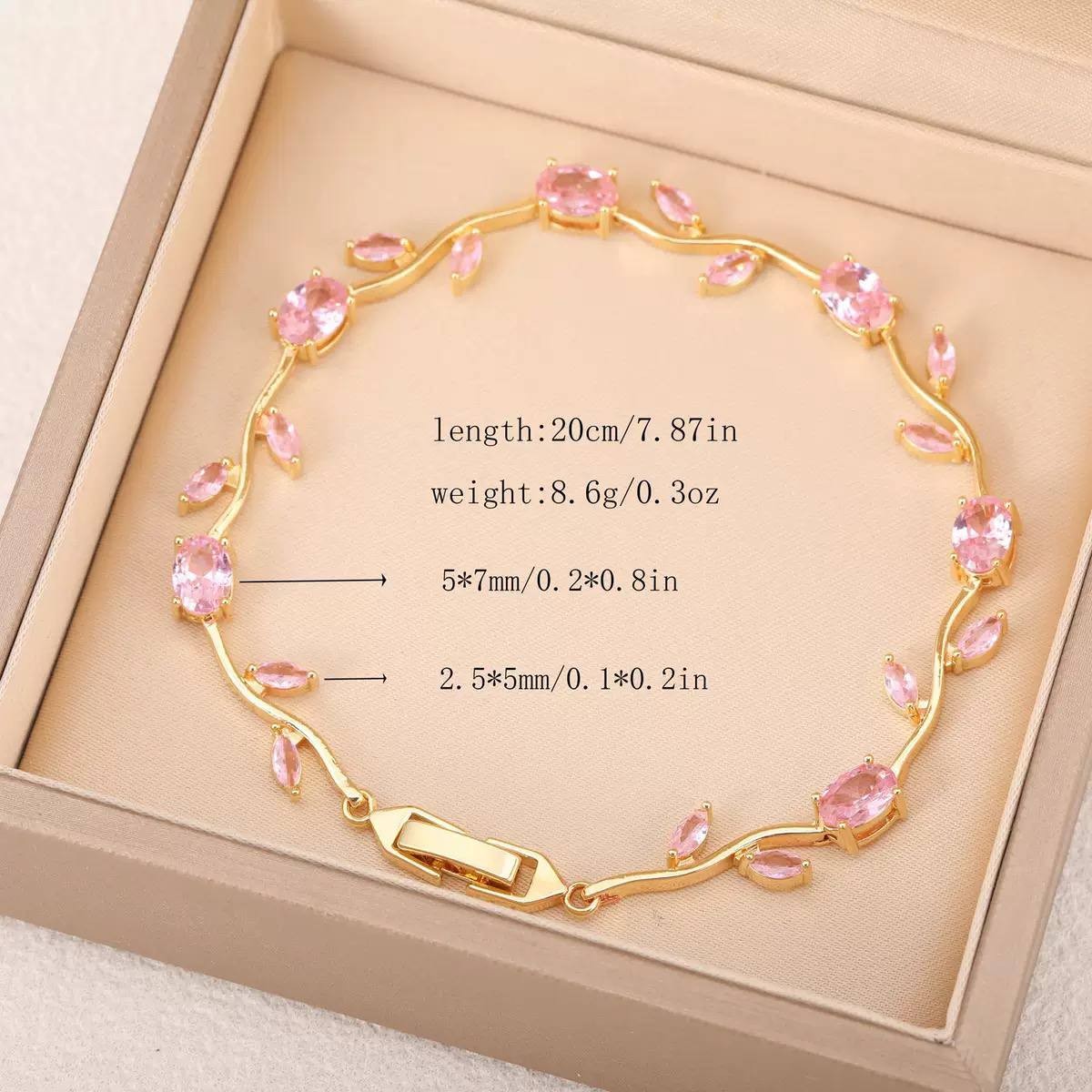 Gold Pink Crystal Leaf Vine Bracelet Copper 20cm Fashion Jewelry
