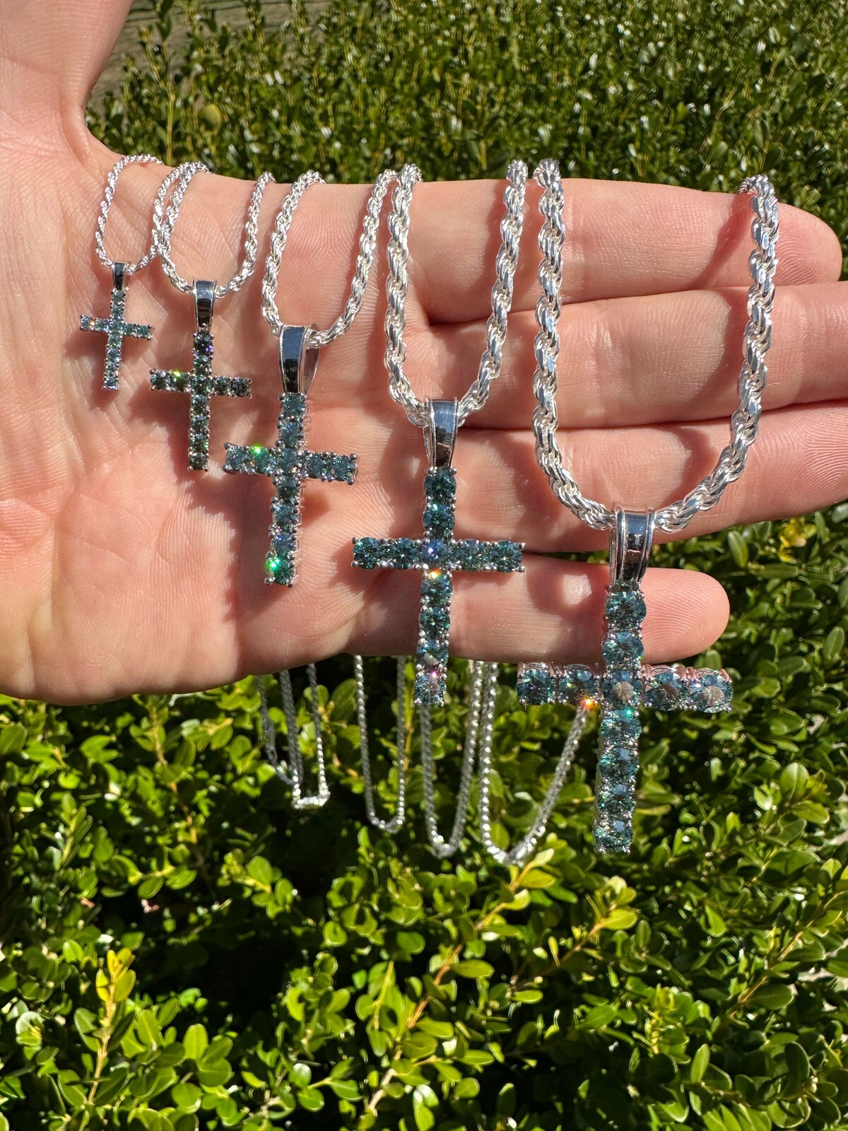 Green Blue MOISSANITE Real 925 Silver Tennis Cross Iced Pendant Necklace Hip Hop
