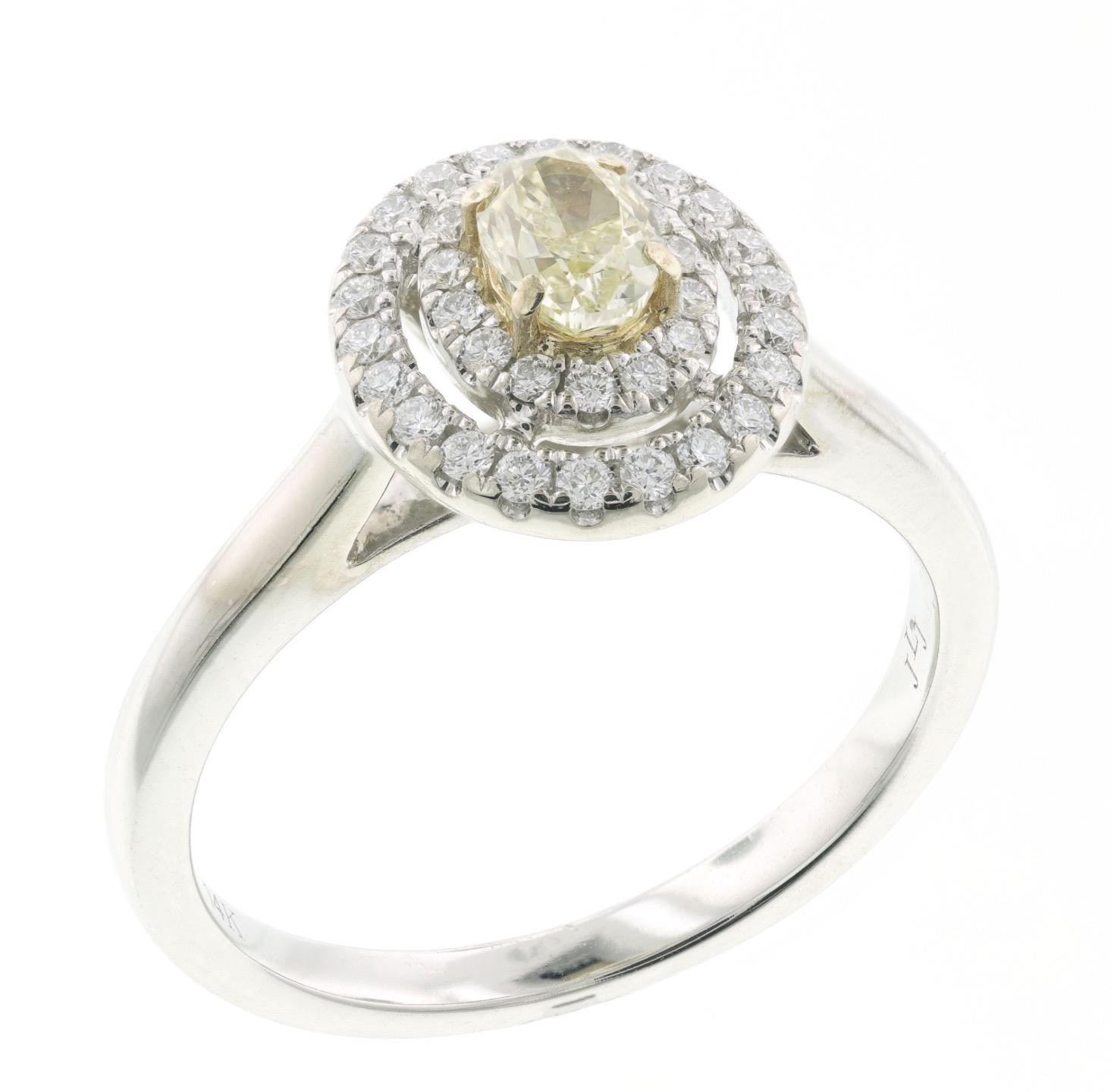 14k White Gold .61 Carat Total Weight Fancy Yellow Oval Diamond Engagement Ring