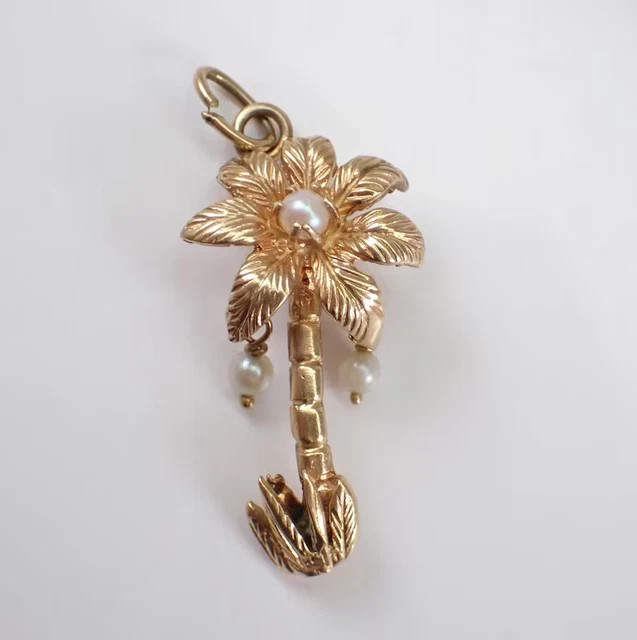 2.00Ct Round Cut Natural Pearl Coconut Palm Tree Pendant 14K Yellow Gold Plated