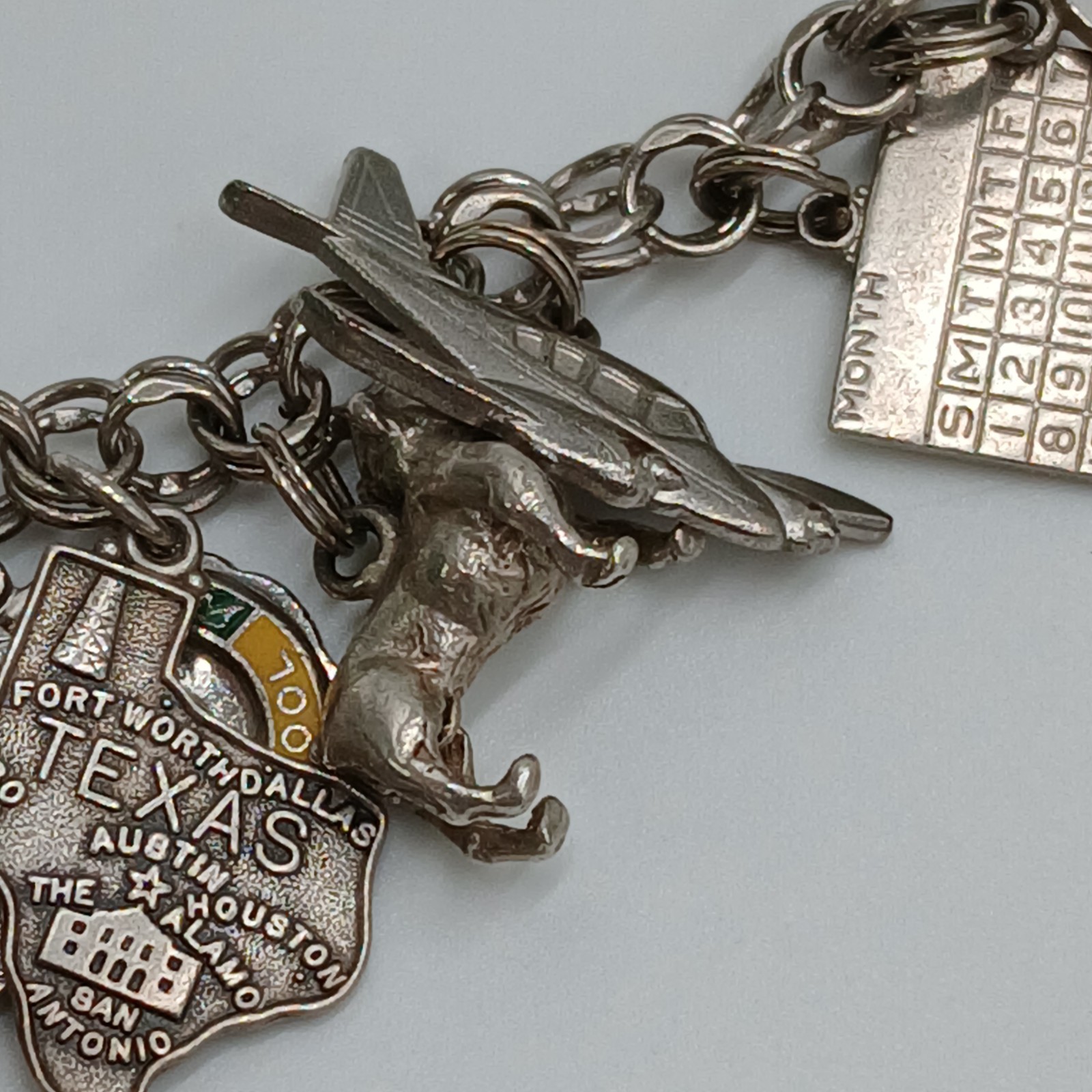 VTG 60s Charm Bracelet 8in Sterling Silver 70g JANE School Travel Faith South US