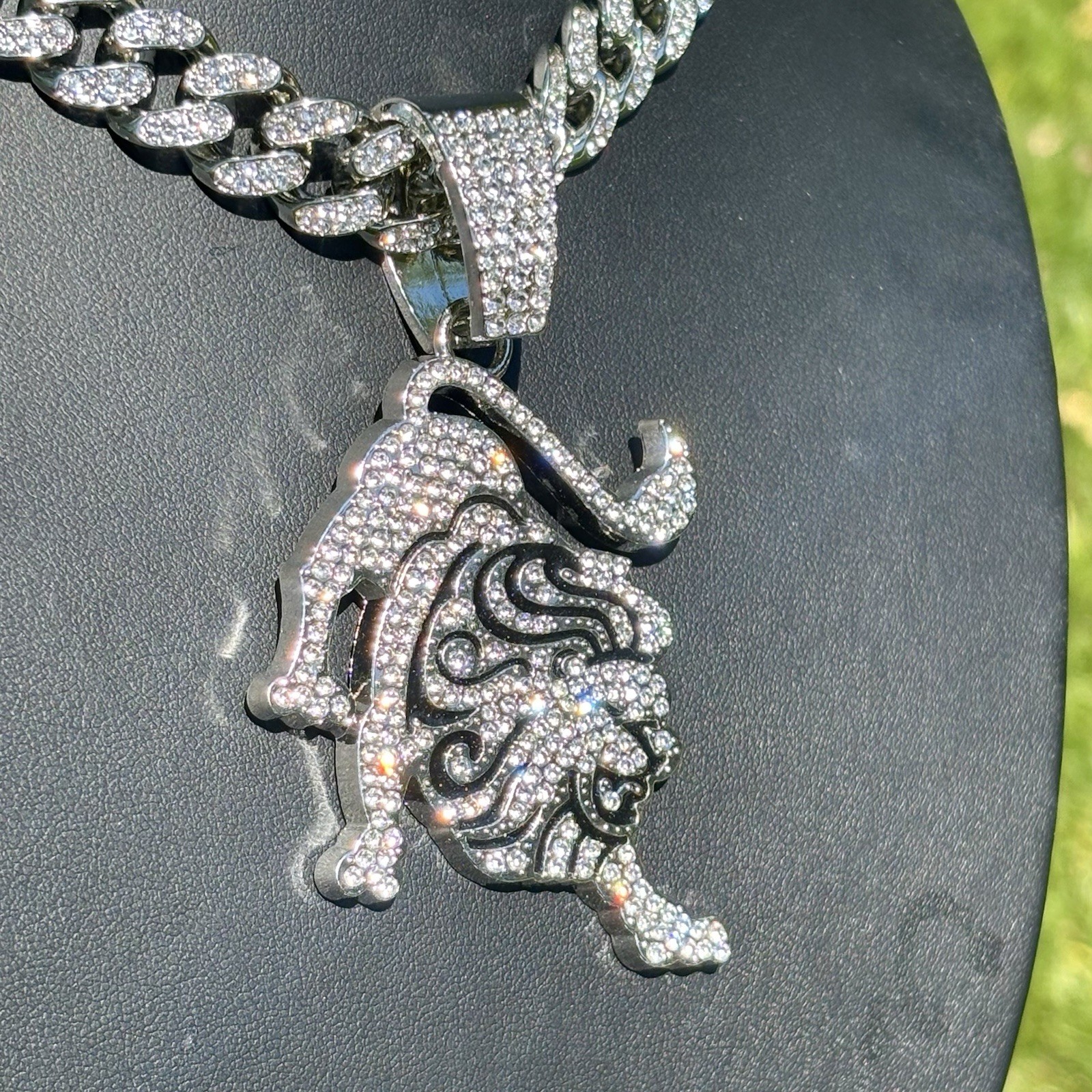 Lion Pendant / Iced out Cuban Link Chain Necklace White Gold Plated