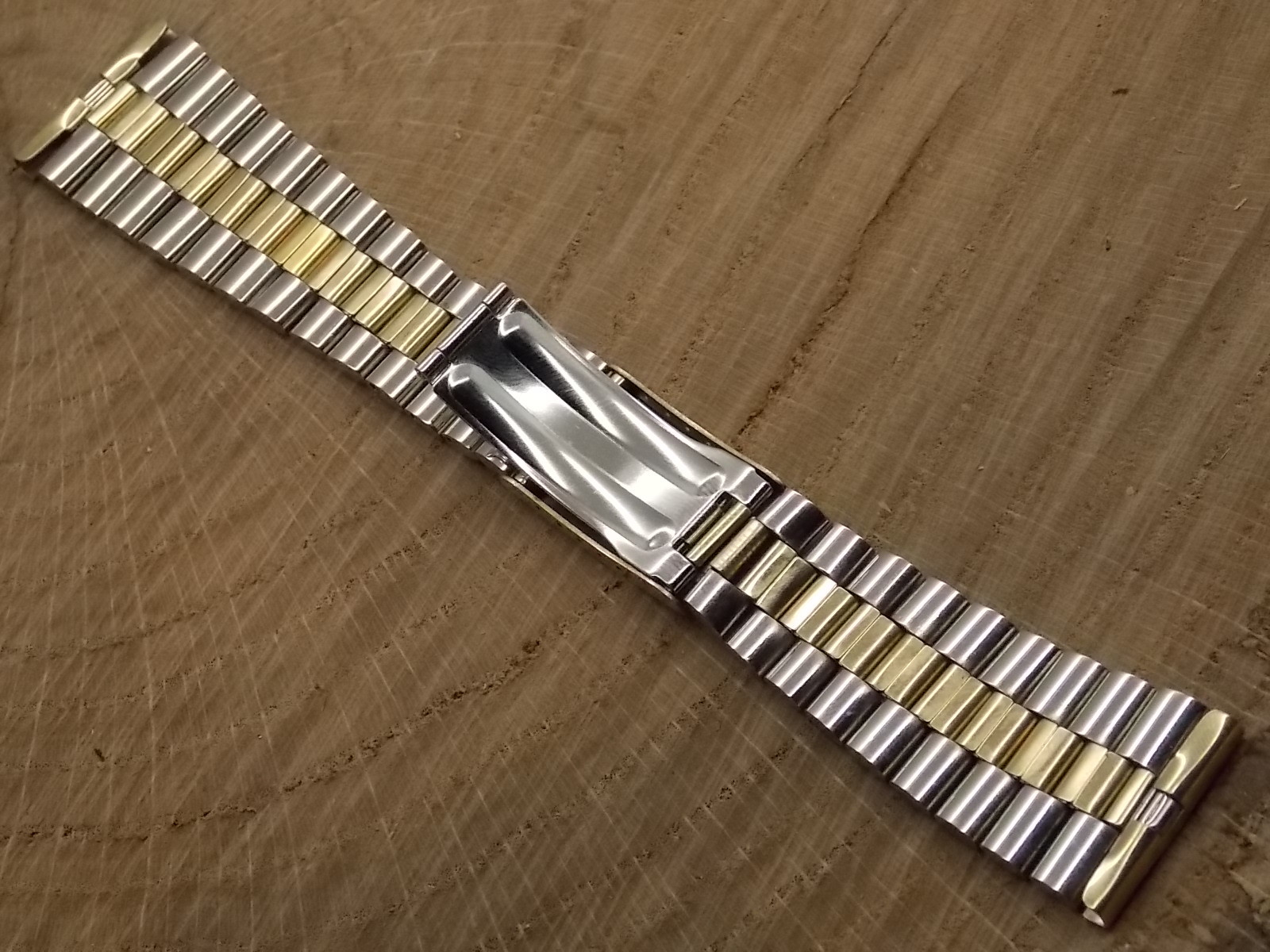 Vintage 1970s Hadley Two 2 tone 24mm watch band bracelet with fold over clasp