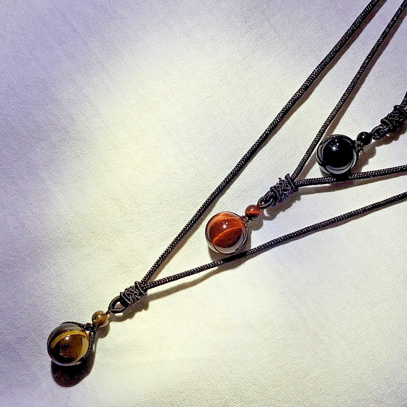 Tiger’s Eye, Obsidian Stone, Sandstone (16 mm); Corded, Adjustable Necklace