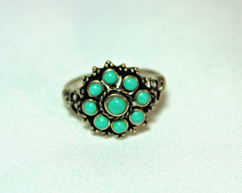 Sterling Silver & Turquoise Needle Petit Point Flower Ring Size 6.5