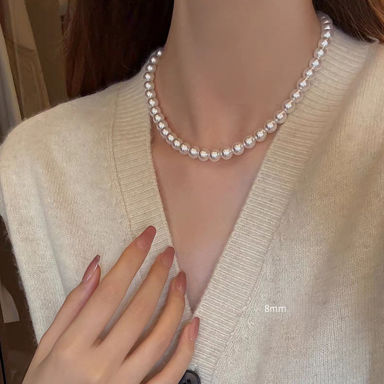 8 mm White Pearls Chain Choker Necklace Lobster Clasp Adjustable