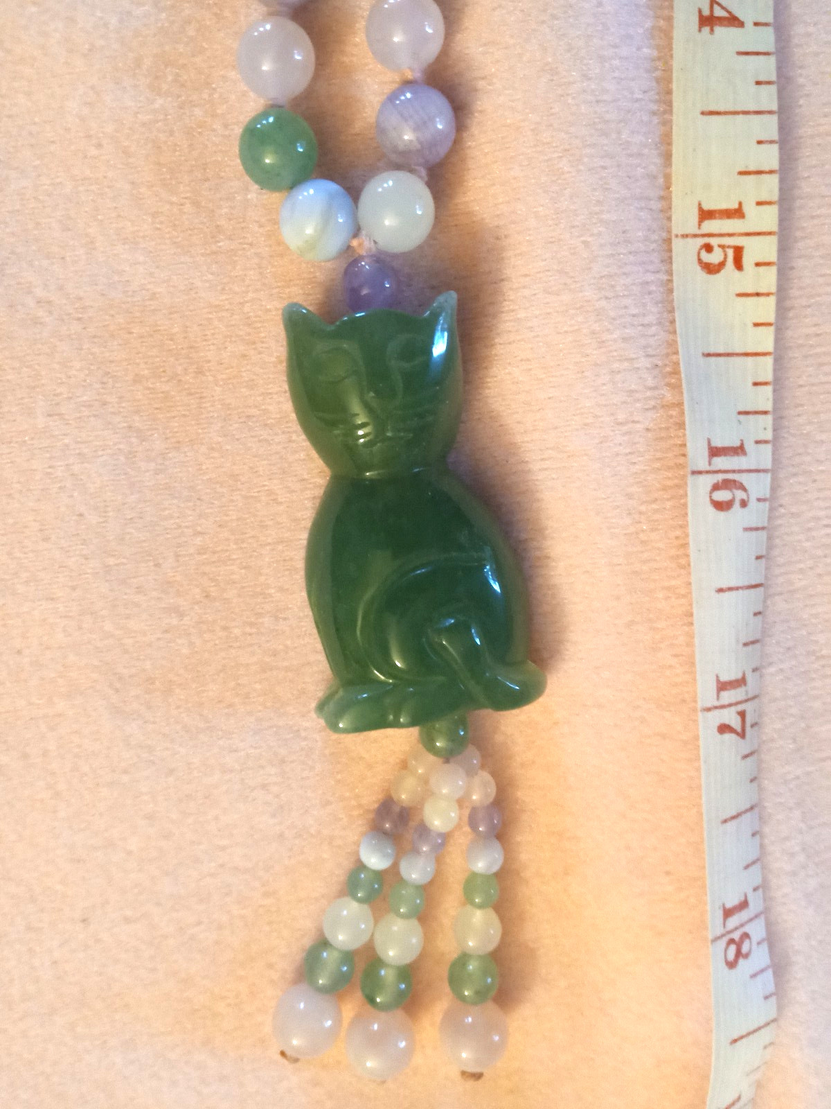 Jade Cat Necklace w Rose White Purple Quartz, Amethyst? Beads 32 In + Earrings