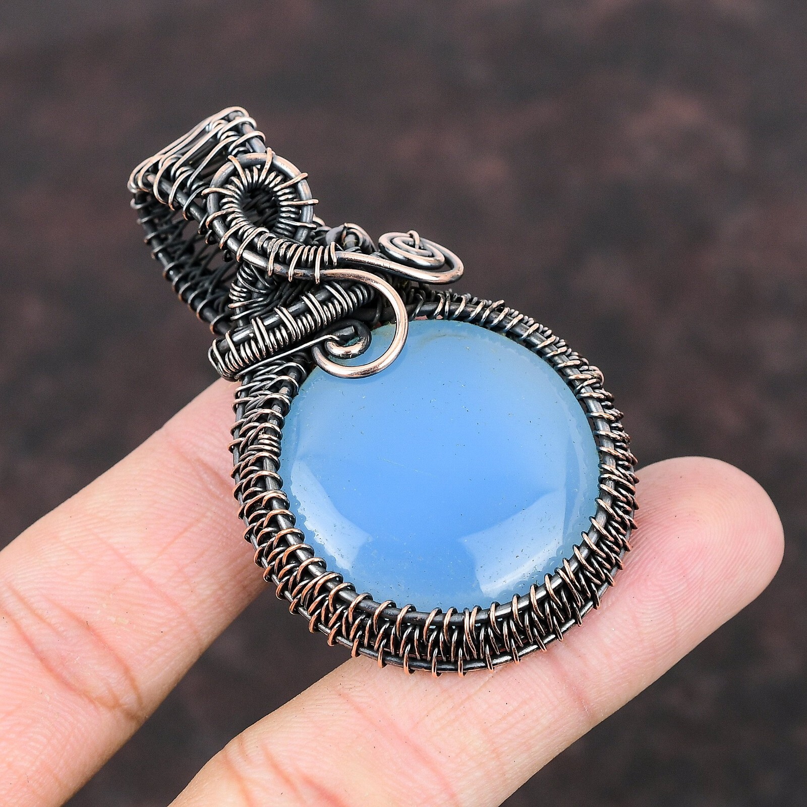 Gift For Women Jewelry Wire Wrapped Pendant Copper Blue Chalcedony 2.52″