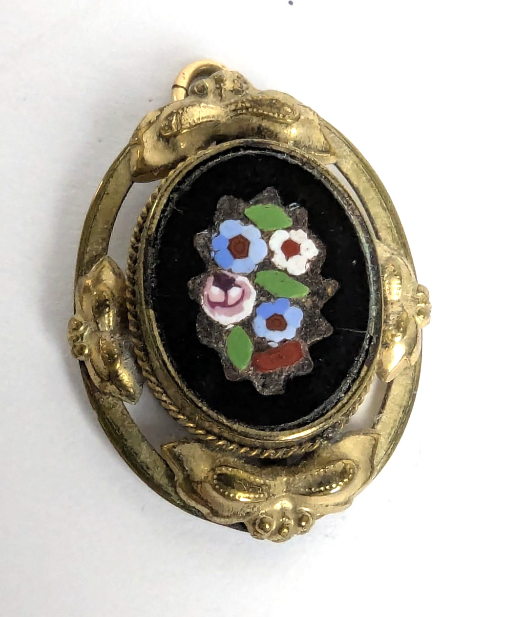 Antique Italian Pietra Dura Mosaic Inlay Floral Pendant Gold Filled Mounting