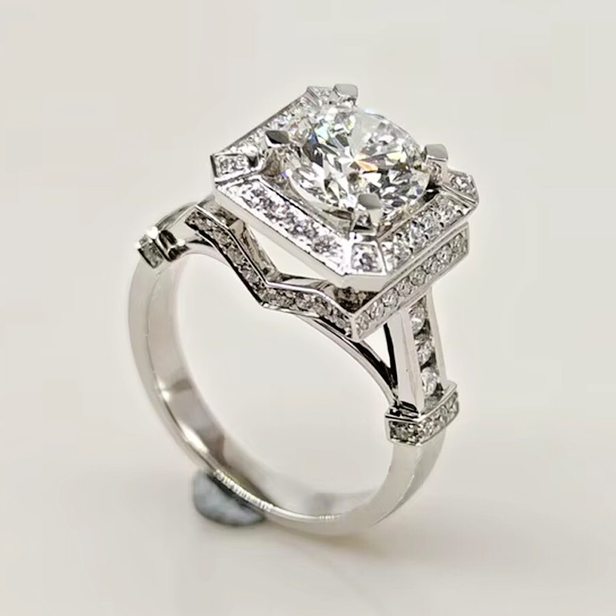 Halo Engagement Ring 2.40 Ct Round Cut Moissanite 14K White Gold Plated