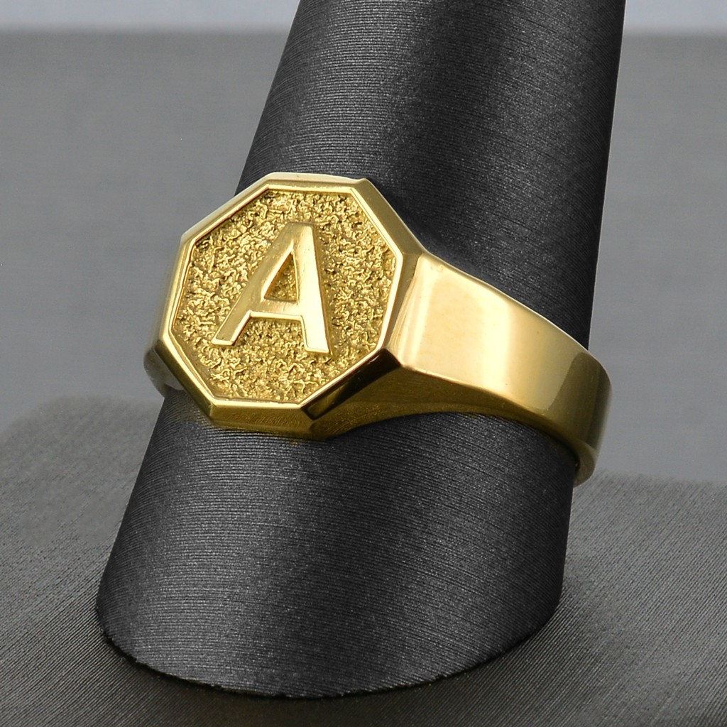 Men’s 10K Yellow Gold Letter Initial Octagon Signet Ring Personalized A–Z