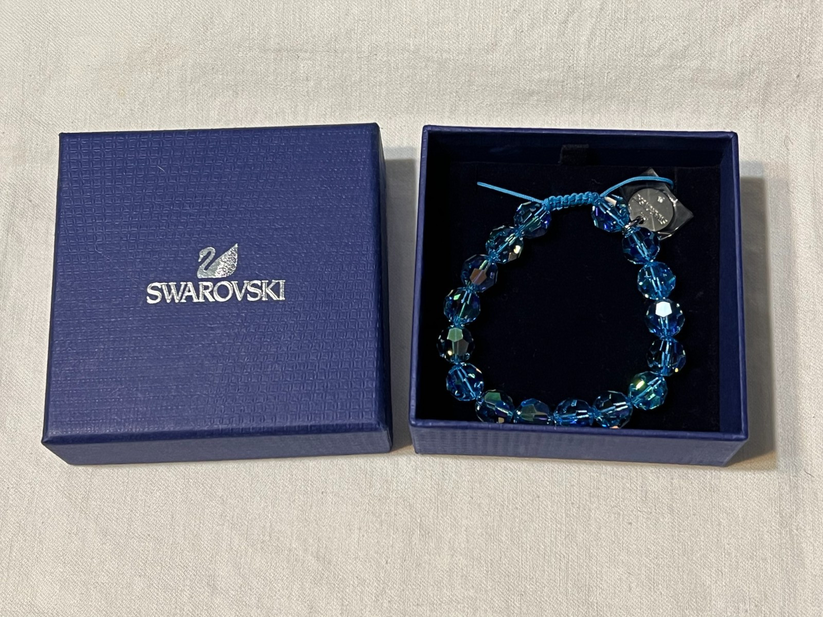 Swarovski Capri Blue Crystal Bead Bracelet Cotton Cord Adjustable – NEW
