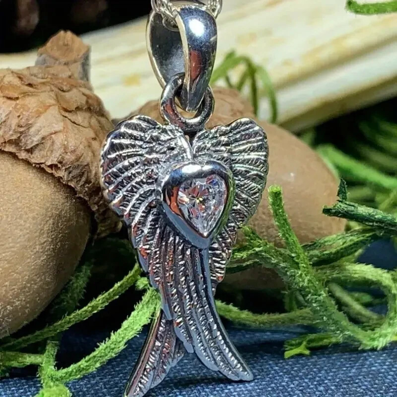 925 Sterling Silver White Topaz Guardian Angel Wings Goddess Pendant Necklace
