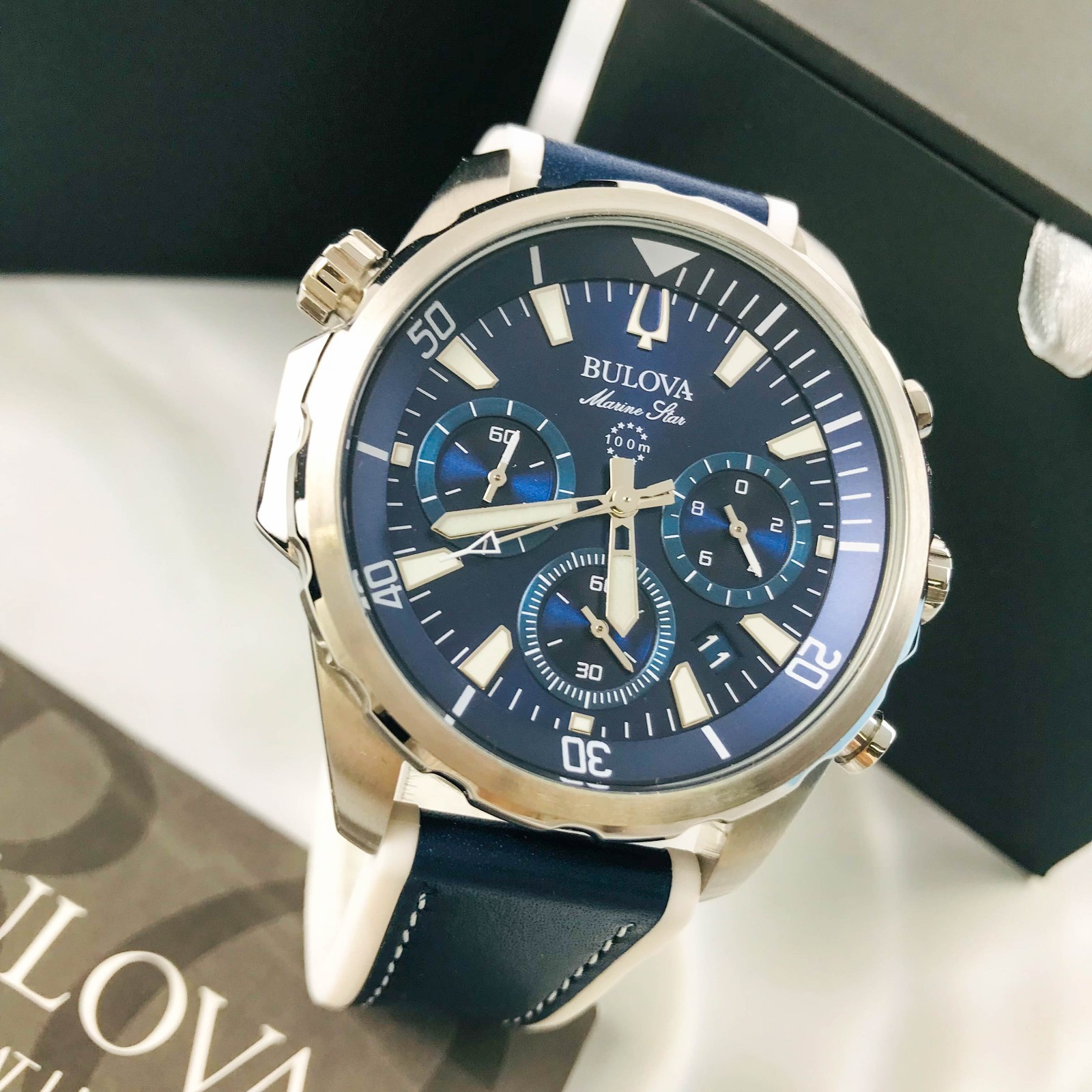 Bulova Marine Star 96B287 Blue Dial Chrono Silicone Strap Mens Quartz Watch 43mm
