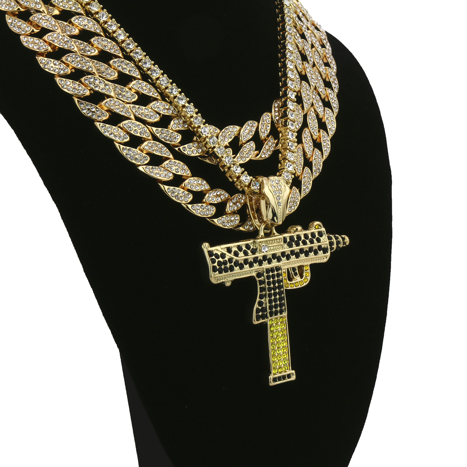 Men’s Hip Hop 14k Gold Plated Uzi Gun Pendant Cubic-Zirconia 3 Chains Bundle