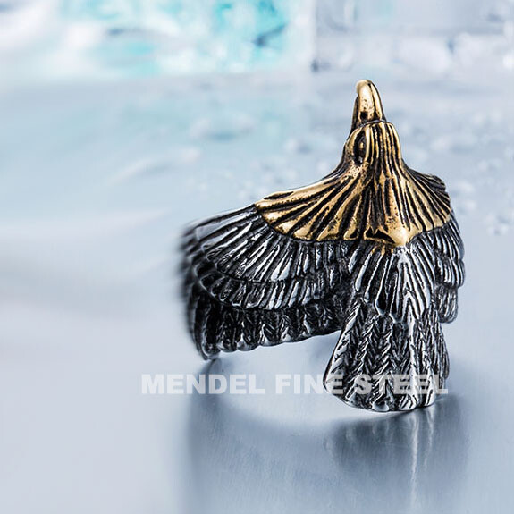 MENDEL Mens Stainless Steel Gold Plated Eagle Head Bird Biker Ring Men Size 7-15