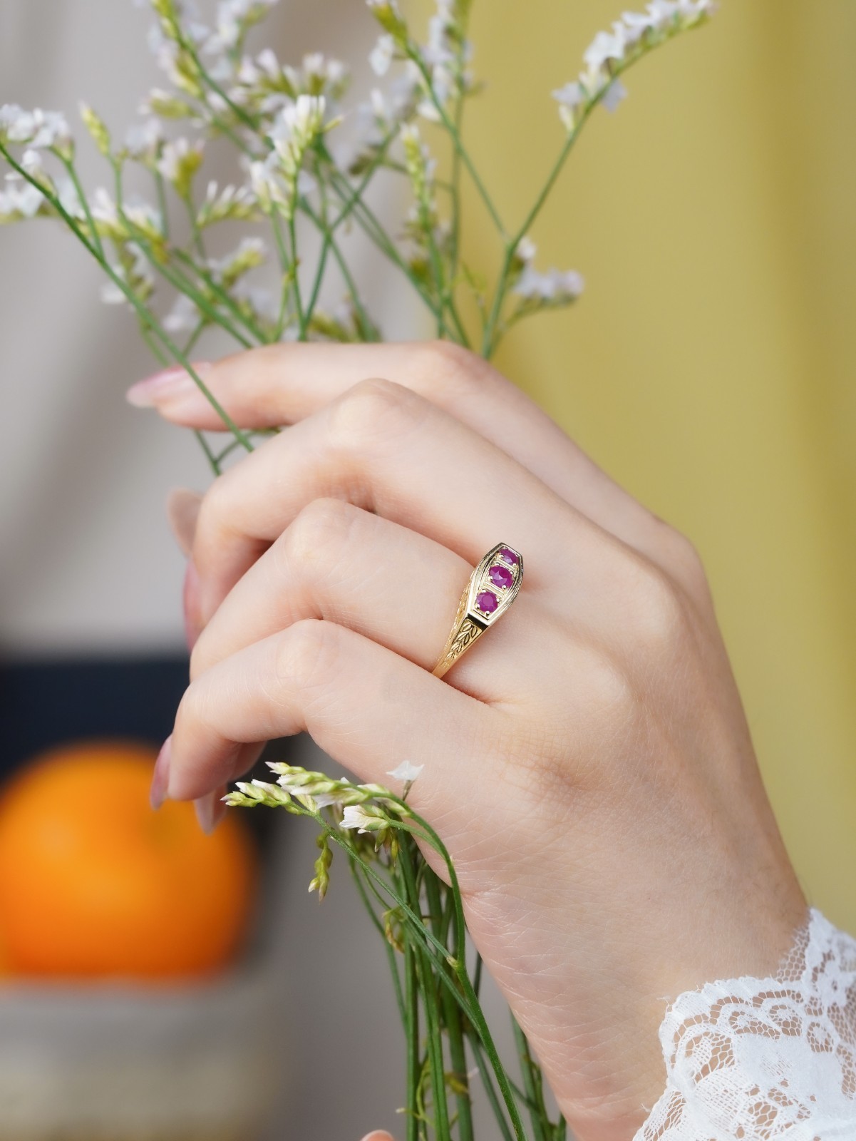 14K Yellow Gold Solid Natural Ruby Vintage Style Three Stone Filigree Ring