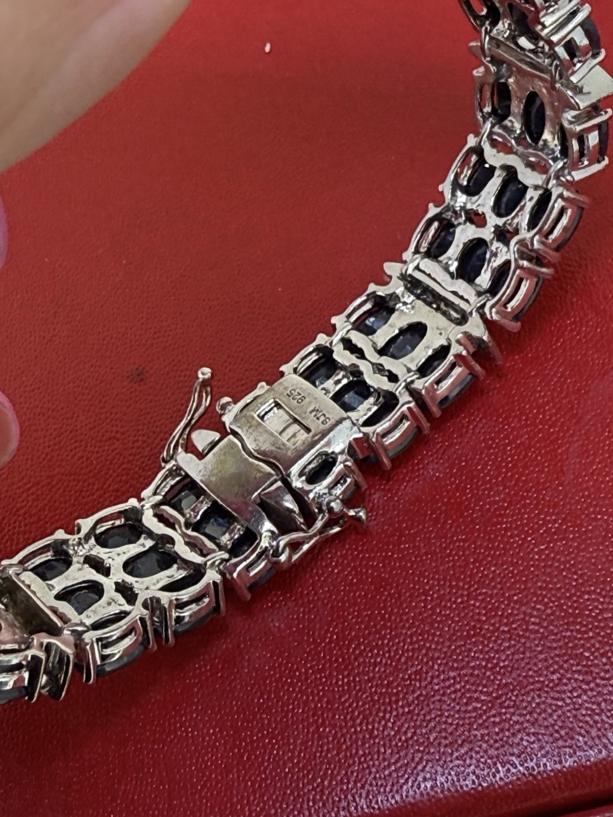 Vintage SJM Sterling Silver Blue Sapphire & Diamond Bracelet 7.5 Inch Long
