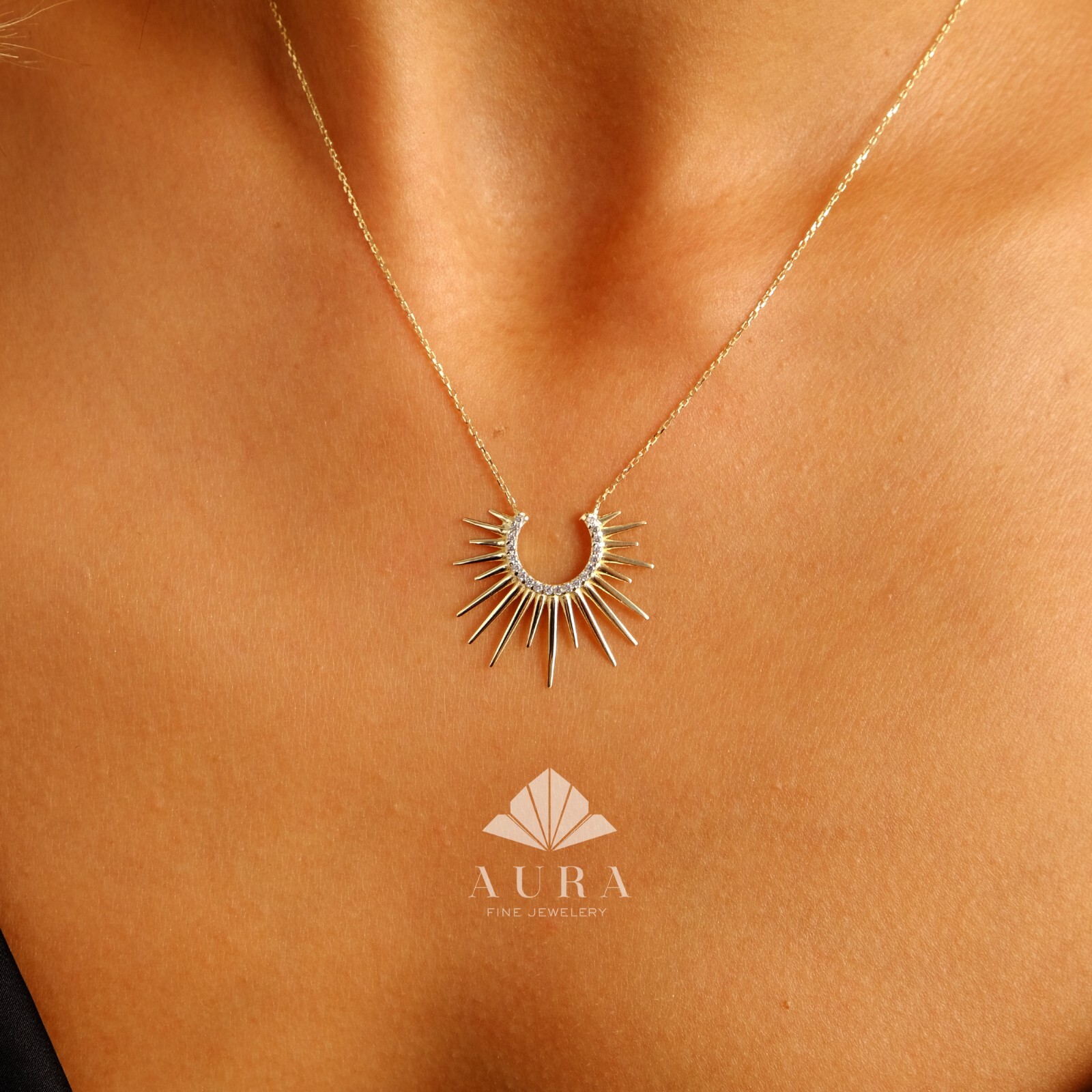 14K Gold Sunburst Necklace, Spikey Gold Sun Pendant, Crescent Necklace