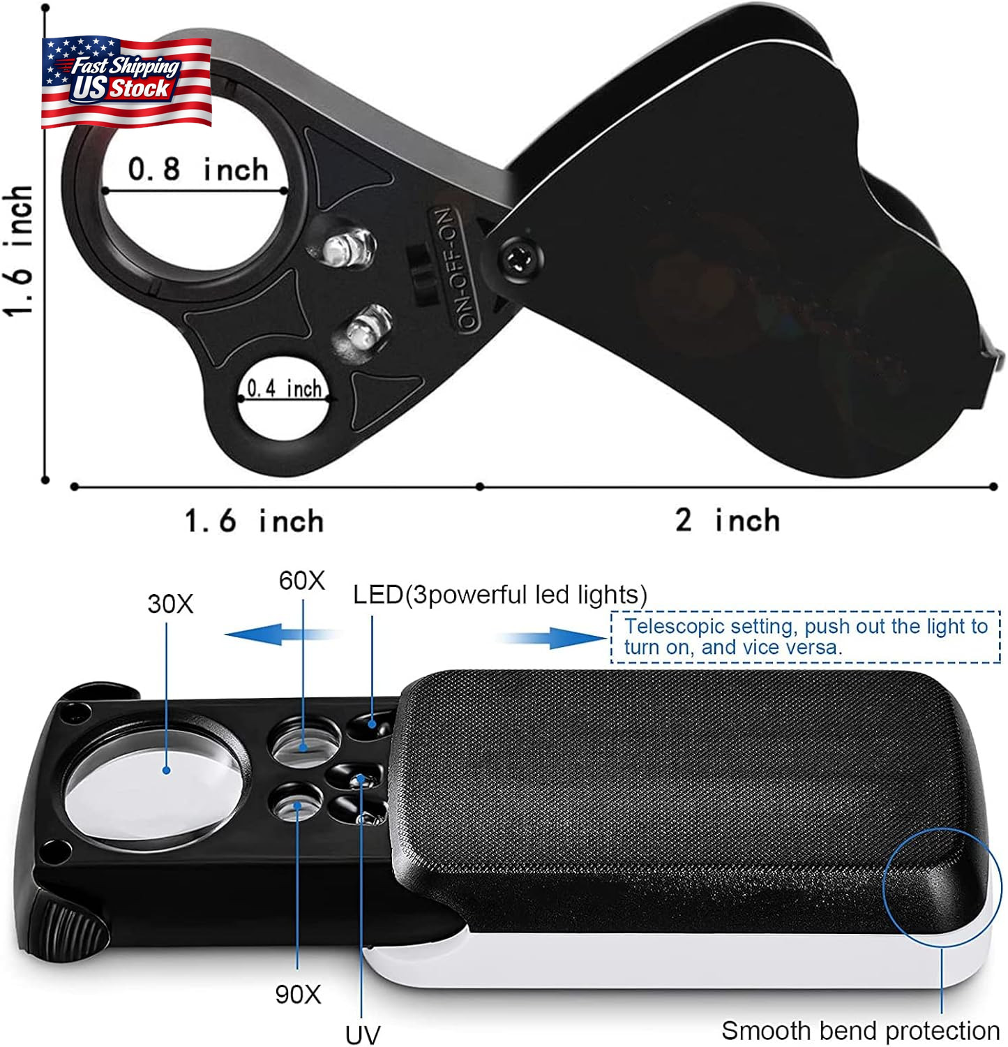 HMKIS Jewelers Loupe, 2 Pack Magnifying Glass with Light, 30X 60X 90X Jewelers L