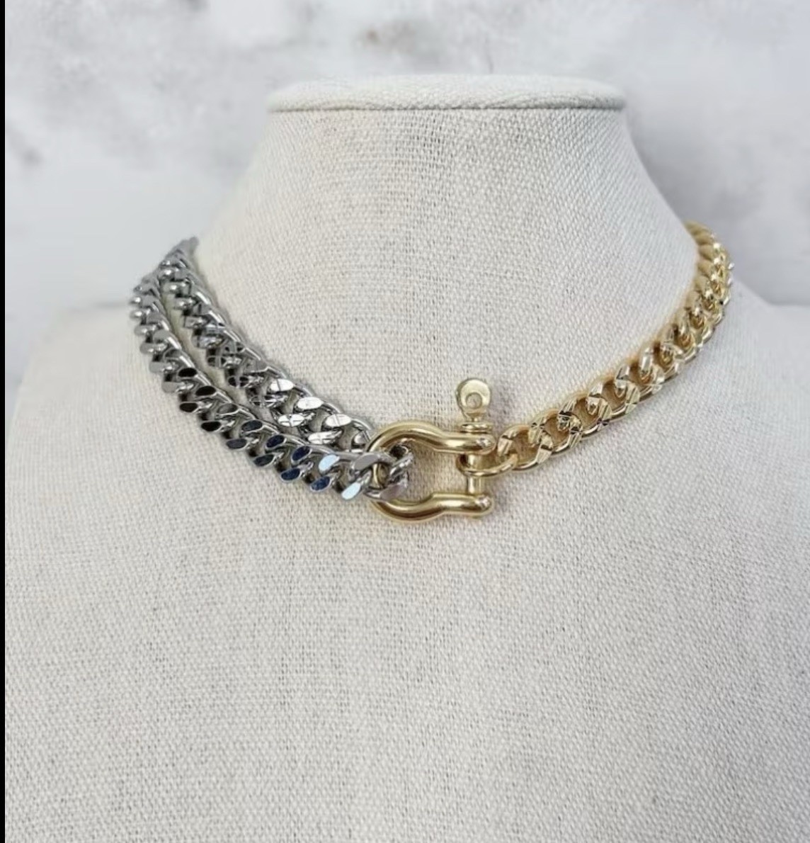 Silver & Gold Dual Chain necklace w/ Industrial Style Shackle Clasp