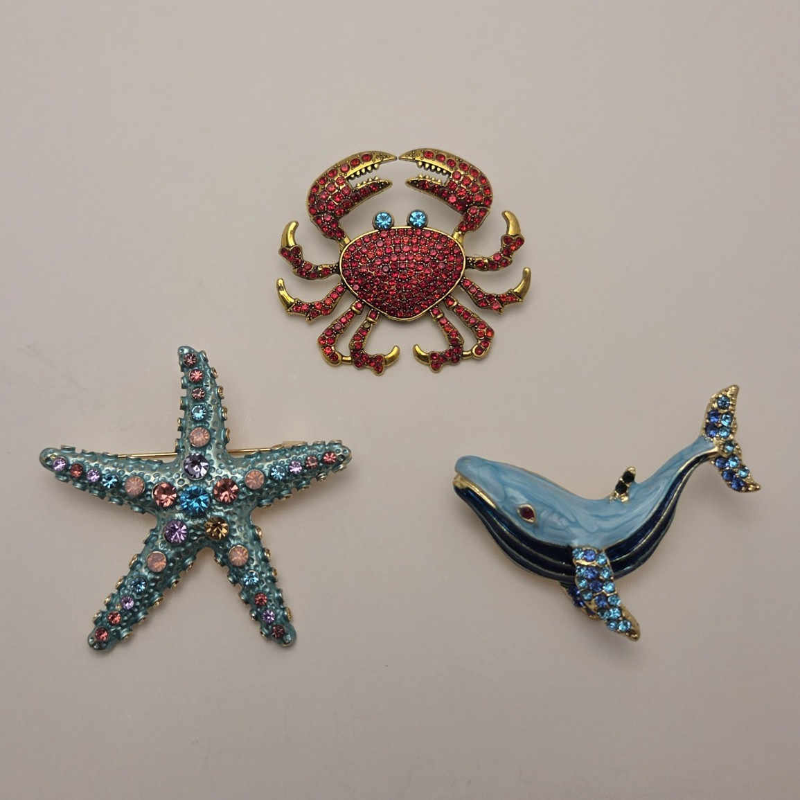 Lot of 3 Sea Life Brooch Pins Rhinestone Enamel Crab Starfish Whale 2 in