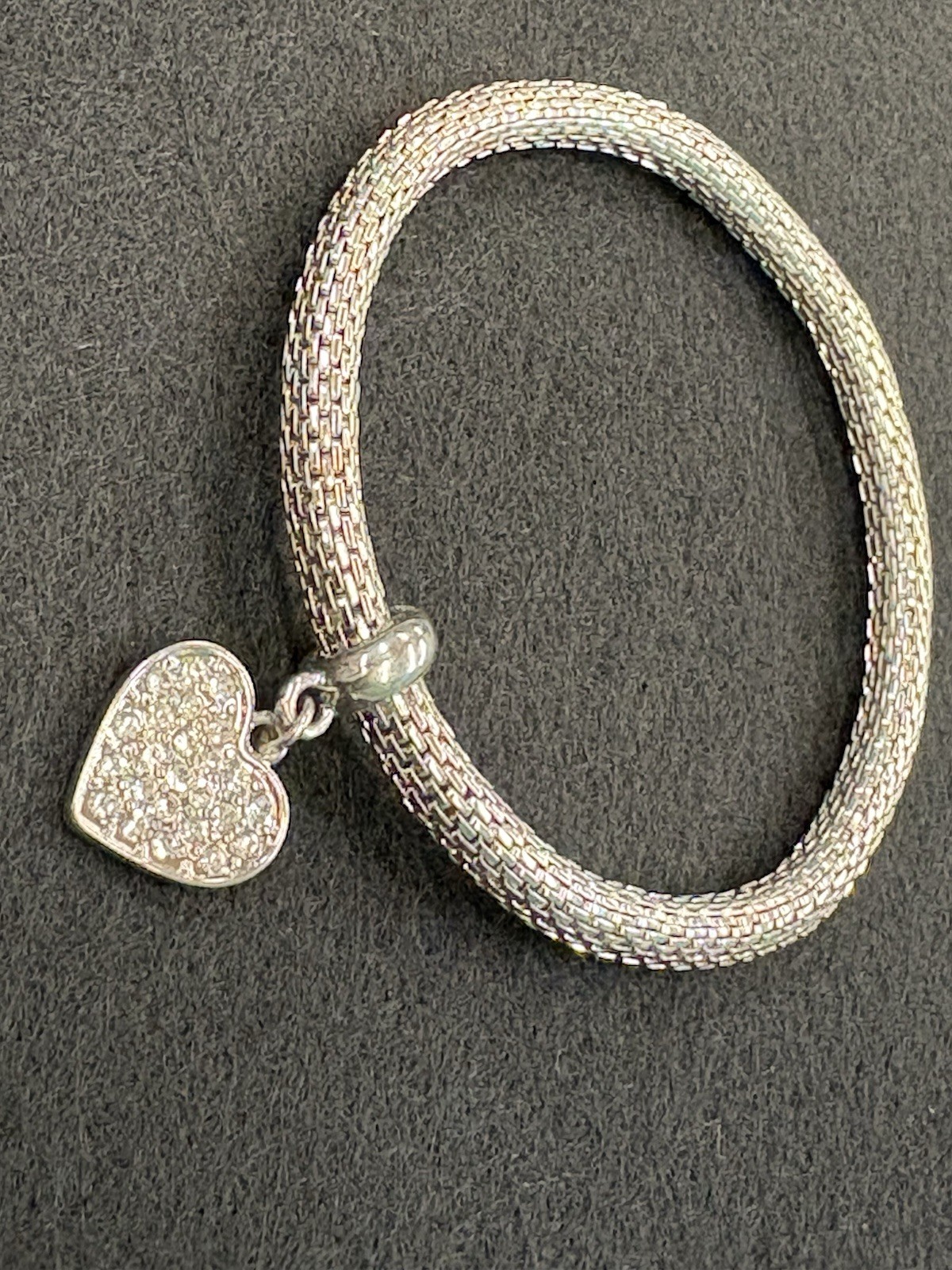 Silver Toned Mesh Bracelet With Rhinestone Heart Charm • Stretch Mesh
