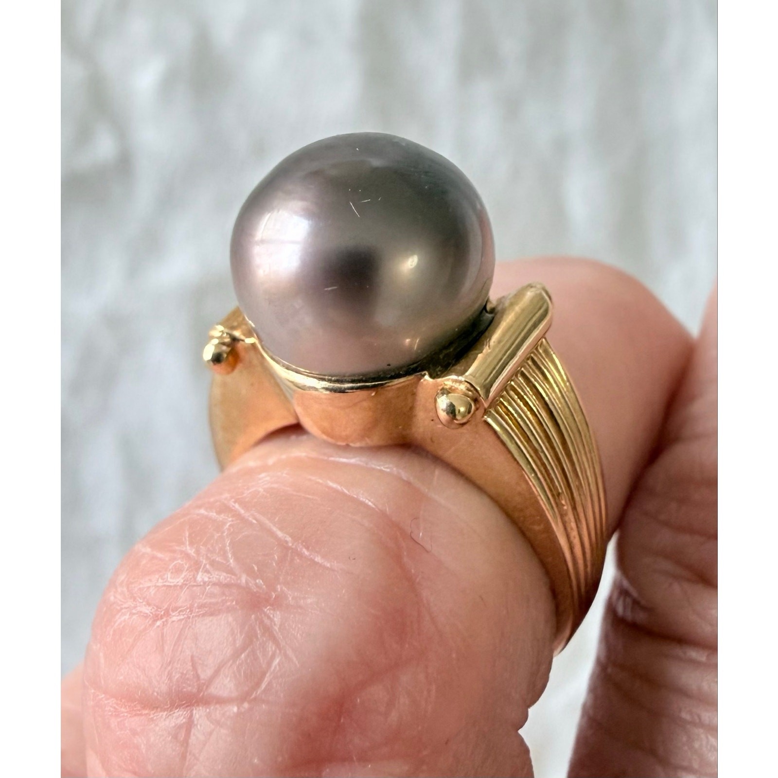 Designer | Grecian Style 14K Yellow Gold 10.9 mm Tahitian Pearl Ring | Appx 6.5”