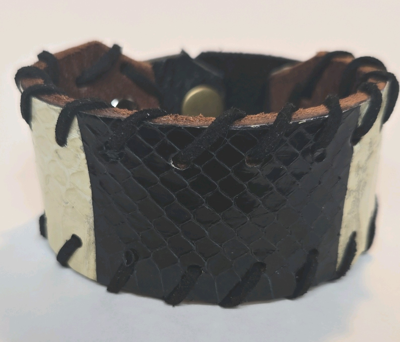 REAL Snakeskin Leather Cuff Style Bracelet, Snap Closure, 8.75 in (Black/White)