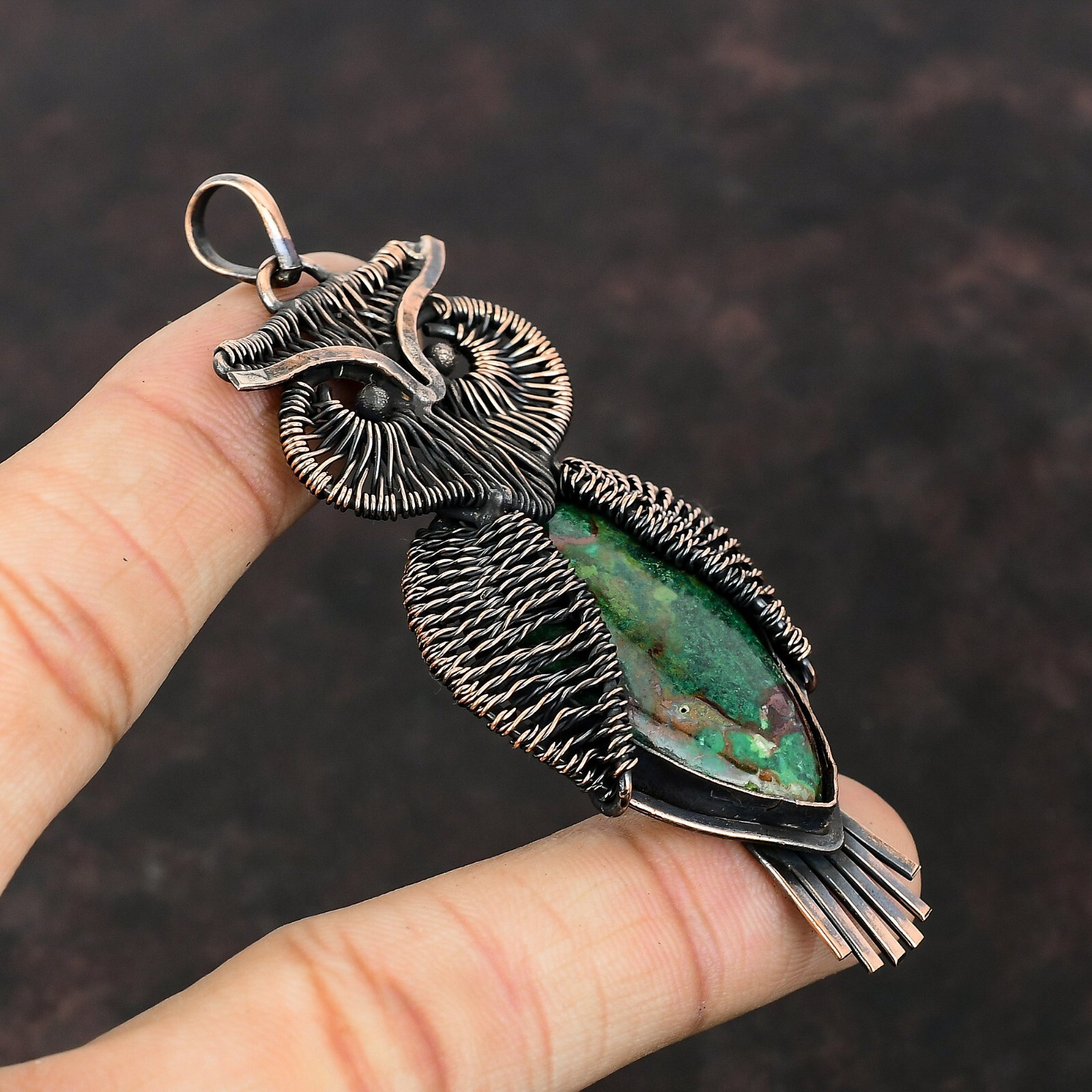 Cuprite Chrysocolla Wire Wrapped Owl Handcrafted Copper Unique Gift 3.35″