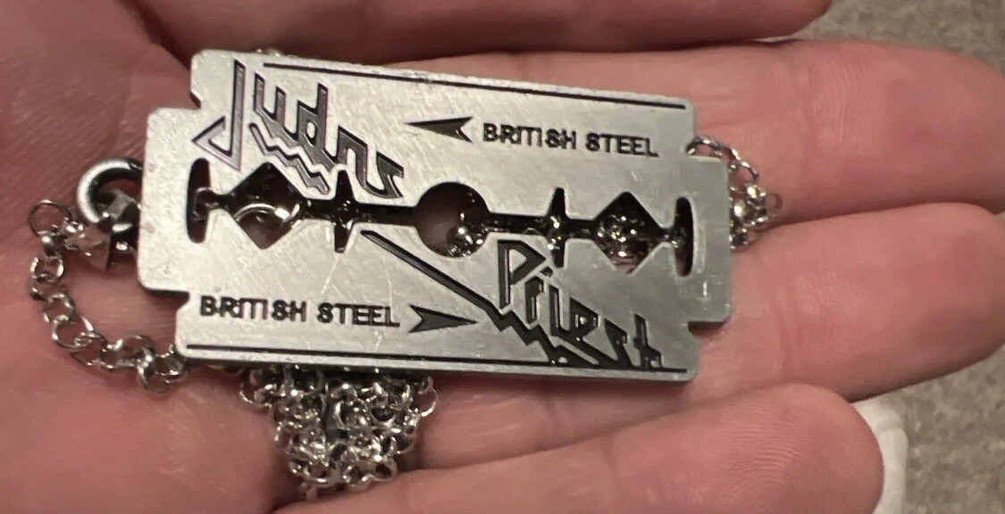 JUDAS PRIEST Razor Blade Necklace – 2″ Brushed Stainless – Heavy Metal