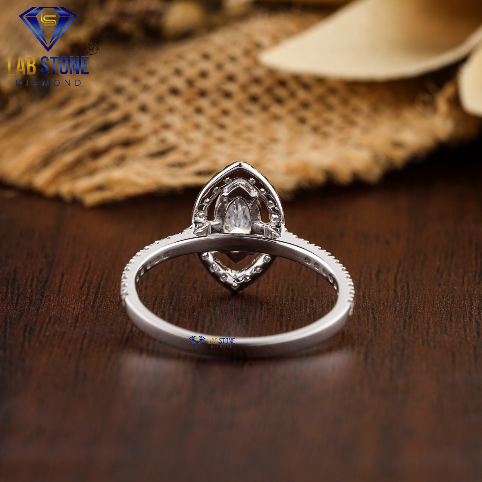 0.83 TDW Marquise & Round Lab Grown Diamond Halo Ring 18k White Gold