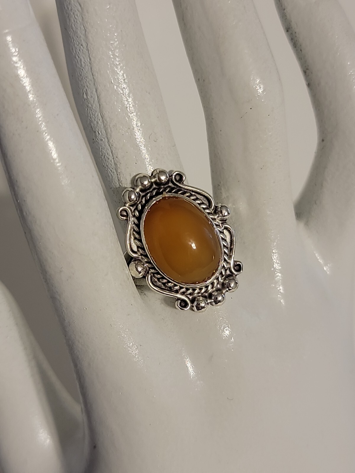 Amber Egg Yolk Chalcedony Ring Sterling Size 8.25 Ornate Design