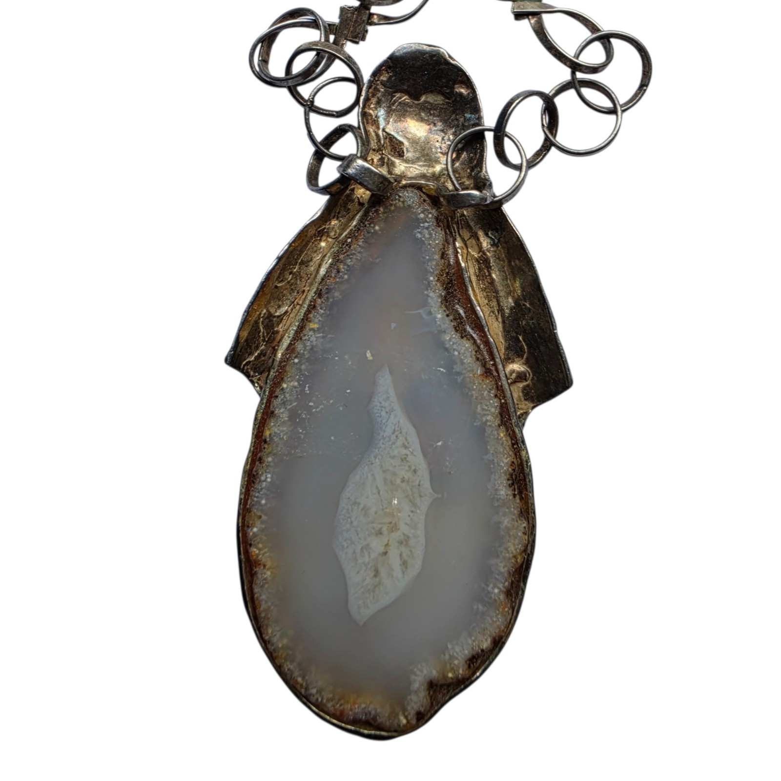 Mid Century Brutalist 22″ Sterling Silver Agate Studio Designer Necklace Madonna