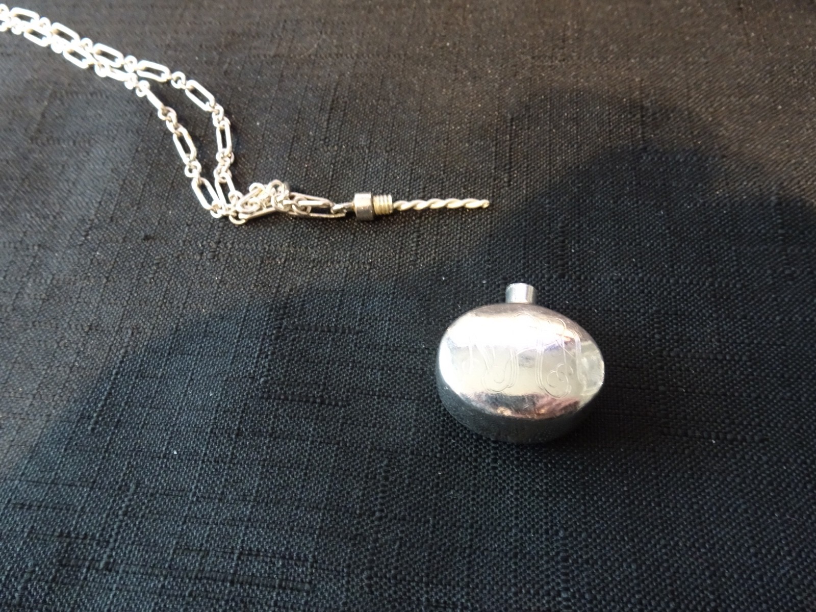 #600–VINTAGE MEXICO STERLING SILVER PERFUME PENDANT WITH INITIALS AND CHAIN-925