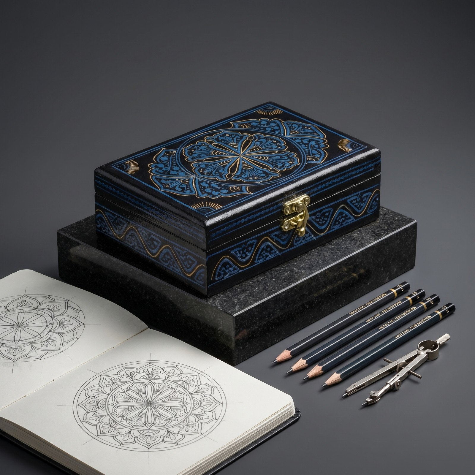 Handmade Wooden Gift Box Hand Painted Blue Gold Lacquer Jewelry Keepsake Storage