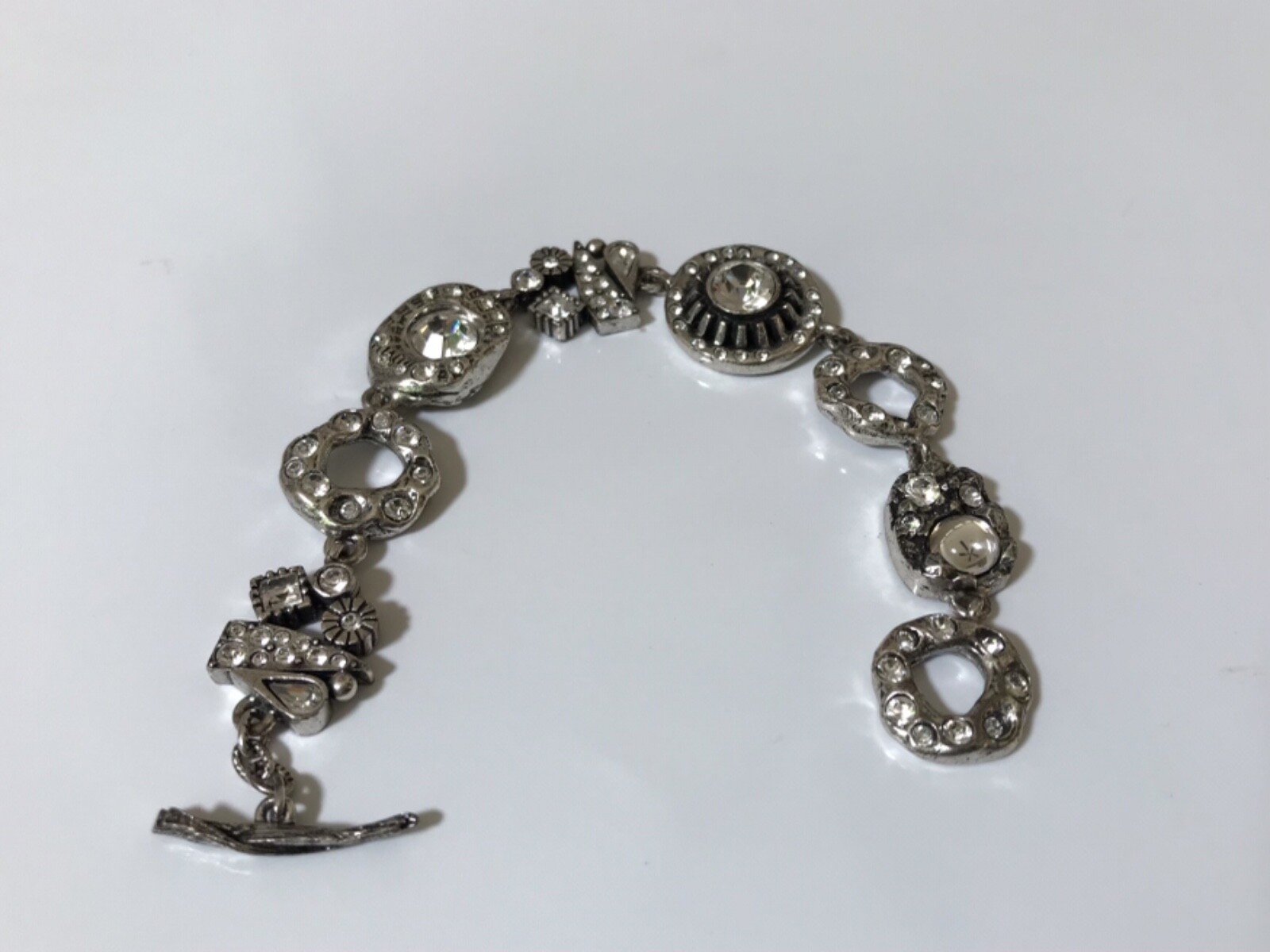 VTG PATRICIA LOCKE Signed Silvertone Clear Crystal Heavy Bracelet BOHO CHIC